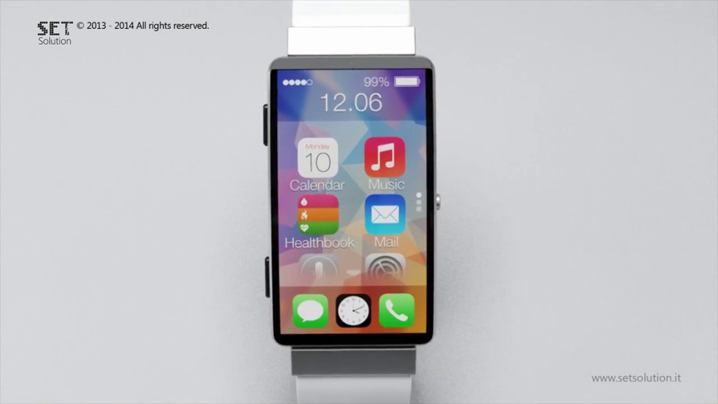 Koncept hodinek iWatch s iOS 8 a obdélníkovým zahnutým displejem ...